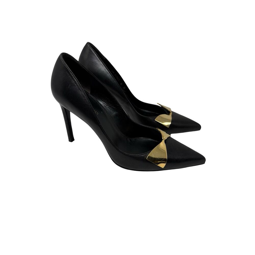 Stuart Weitzman Stanton Black Leather Stiletto Pump w/ Gold Metal Bow US 6M